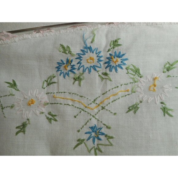 Vtg Pink Lace Blue and Pink Floral handmade embroidered Dresser scarf runner - Picture 5 of 5